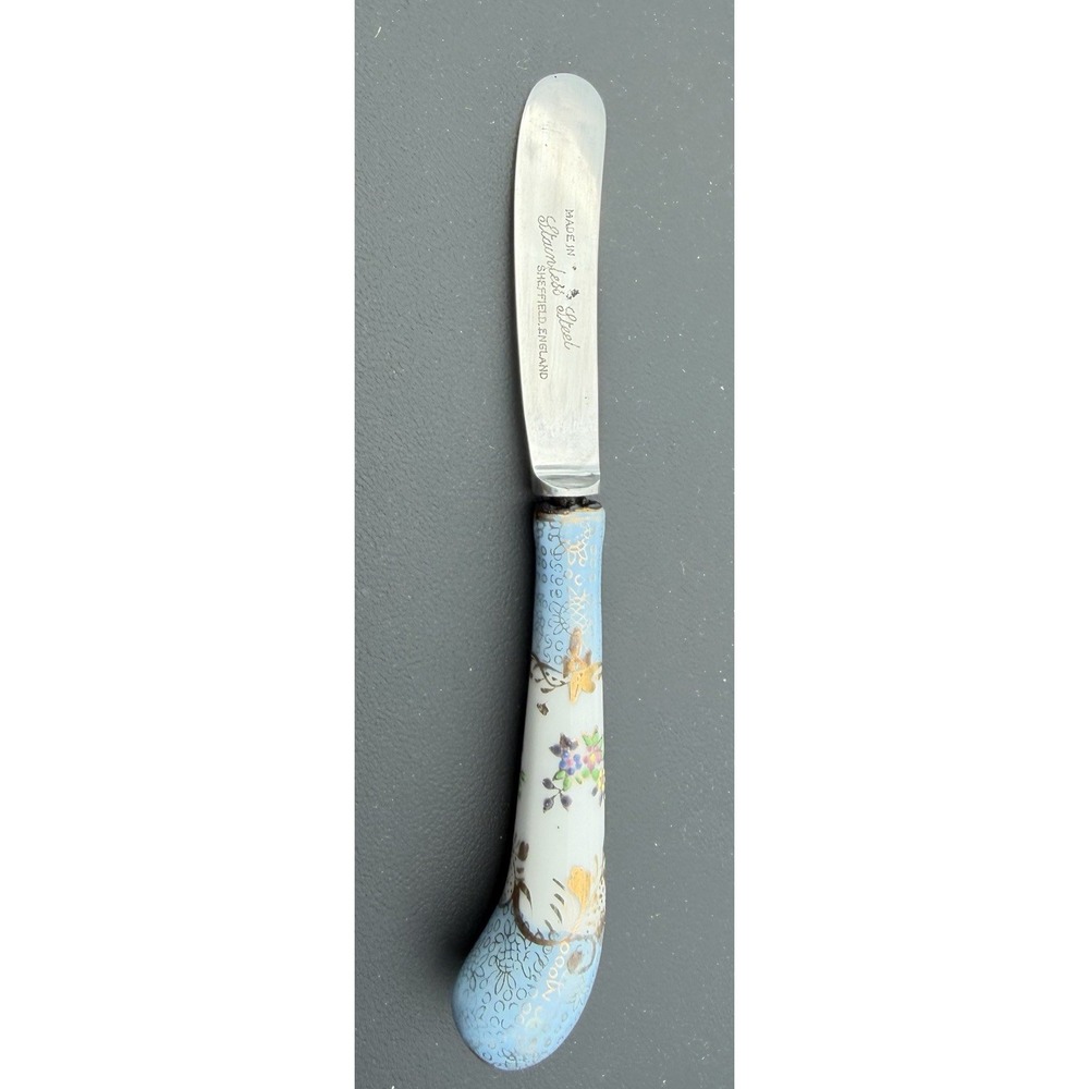 Vintage Sheffield England Porcelain Handle Cheese Butter Spreader Floral 6"